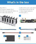 Components of the Two U Rack Mount Cluster Kit For Raspberry Pi 4 And 5 including PiRack-M6F, cables, connectors, and screws.