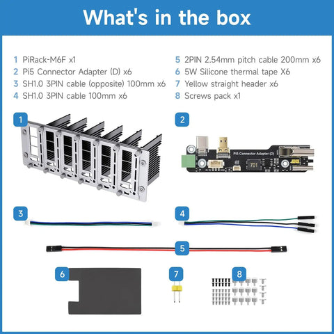 Components of the Two U Rack Mount Cluster Kit For Raspberry Pi 4 And 5 including PiRack-M6F, cables, connectors, and screws.