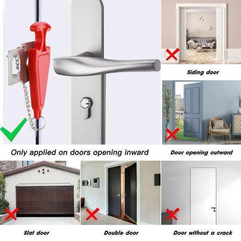 Portable Door Lock For Travel And Home Privacy On The Go, Extra Security Lockdown showing compatibility with inward opening doors