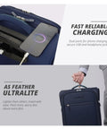 Underseat Luggage With Wheels Softside Carry On Spinner Bag Fourteen Point Five Inch Navy 28L featuring USB charging