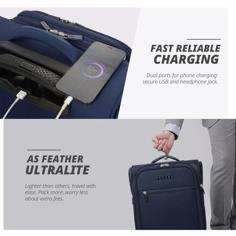Underseat Luggage With Wheels Softside Carry On Spinner Bag Fourteen Point Five Inch Navy 28L featuring USB charging
