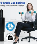 2.4 Inch Short Gas Lift Cylinder For Office Chairs displayed with woman holding dumbbells on office chair next to hydraulic lift.
