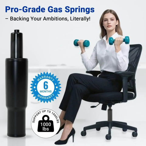 2.4 Inch Short Gas Lift Cylinder For Office Chairs displayed with woman holding dumbbells on office chair next to hydraulic lift.