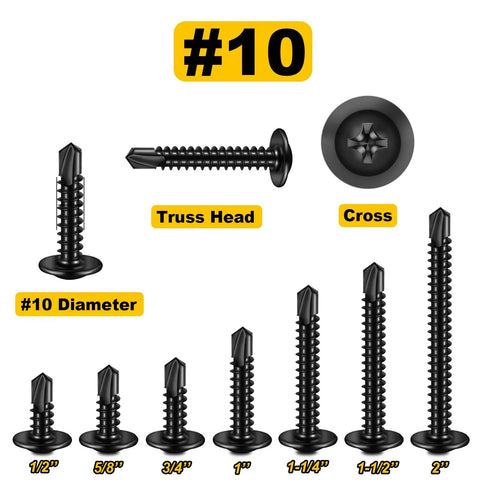 300 Count Size 10 By 5 8 Inch Black Truss Head Self Tapping Screws with dimensions and truss head design displayed.