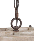 Close-up of chain and rustic wood detail on Farmhouse Wood Pendant Light with Geometric Cage Design for Dining Room and Kitchen Island.