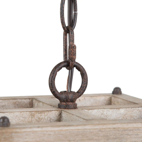 Close-up of chain and rustic wood detail on Farmhouse Wood Pendant Light with Geometric Cage Design for Dining Room and Kitchen Island.