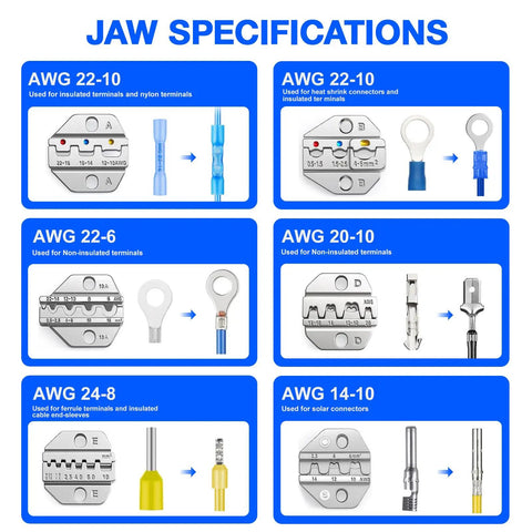 Jaw specifications for Ratcheting Wire Crimping Tool Set With 6 Replaceable Dies For Heat Shrink And Terminal Work Insulated Nylon