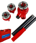 Heavy Duty Pipe Threader Ratchet Kit With BSPT Dies In Half Inch, Three Quarter Inch And One Inch Sizes shown with red case