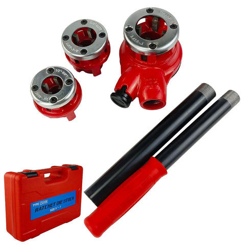 Heavy Duty Pipe Threader Ratchet Kit With BSPT Dies In Half Inch, Three Quarter Inch And One Inch Sizes shown with red case