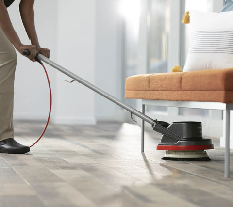 Person using Multi Purpose Commercial Orbital Floor Cleaner For Hard Floors And Carpets, Random Orbital Drive.