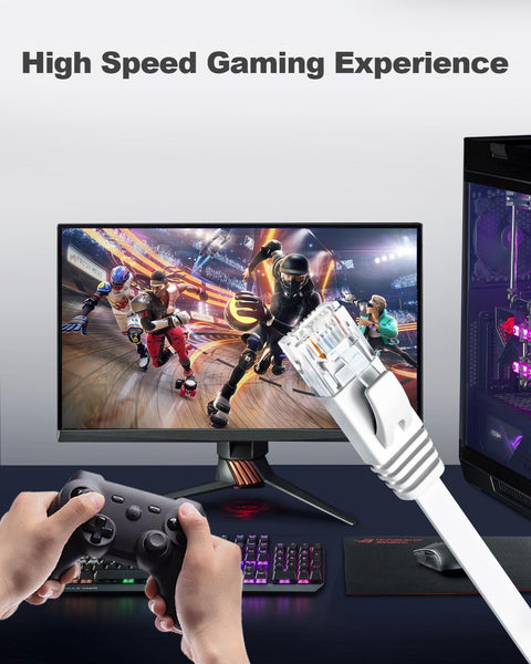 Flat Cat6 Ethernet Cable 3Ft 6 Pack White High Speed Solid Bare Copper Gigabit LAN Patch Cords With Snagless RJ45 Connectors For Modem Router Computer shown with gaming setup.