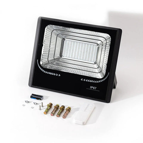 JUDYSSY 25W Led Dusk to Dawn Solar Flood Light with remote, mounting screws, and waterproof design for outdoor use.