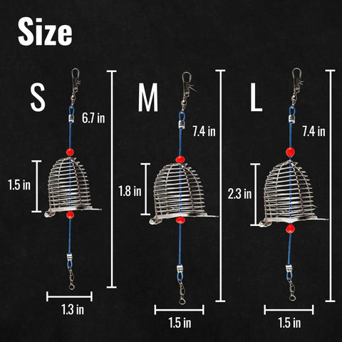 Pro Grade Stainless Steel Bait Cage Ten Pack For Carp And Catfish Fishing, Large 2.3 Inch Chum Rig Basket size comparison