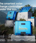 SmartSolar MPPT VE Can Solar Charge Controller with Bluetooth in outdoor setup with solar panels, showing efficiency features.