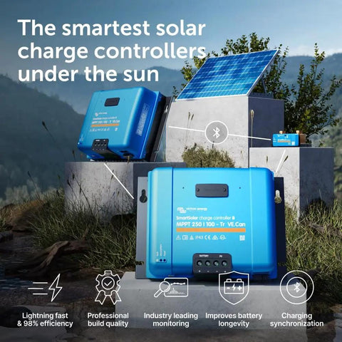 SmartSolar MPPT VE Can Solar Charge Controller with Bluetooth in outdoor setup with solar panels, showing efficiency features.