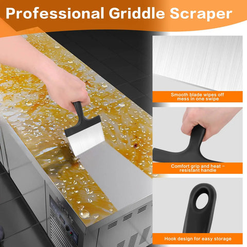 Heavy Duty Stainless Steel Grill Scraper 3 In 1 Griddle Scraper with comfort grip handle cleaning griddle surface