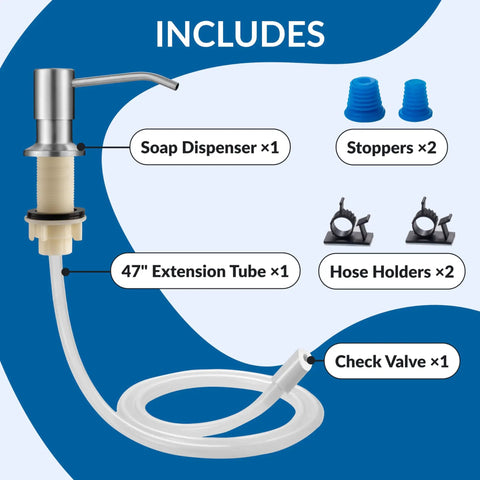 Stainless Steel Kitchen Soap Dispenser With Brushed Nickel Finish And 47 Inch Extension Tube Kit components overview
