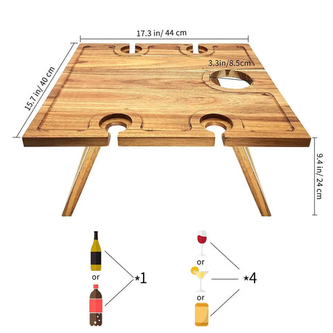 Portable Wine Picnic Table in Acacia Wood With Larger Foldable Tray Charcuterie Board Surface For Camping Glamping Concerts