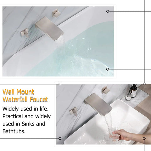 Two Handle Waterfall Wall Mount Tub Faucet In Brushed Nickel, Dope Look, Easy Install Bathroom Waterfall Filler For Bathtub