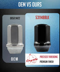 20 Pcs M14x1.5 Lug Nuts 1.65 Inch Long Black Finish 60 Degree Conical Seat 7/8 Inch Hex 22mm OEM Factory Style comparison