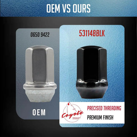 20 Pcs M14x1.5 Lug Nuts 1.65 Inch Long Black Finish 60 Degree Conical Seat 7/8 Inch Hex 22mm OEM Factory Style comparison