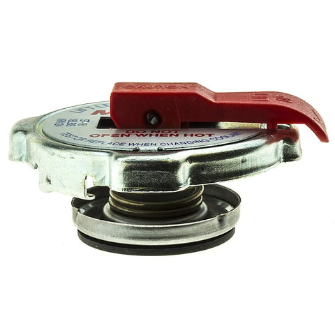 Safety Lever Radiator Cap ST18 For Jeep Wrangler And Grand Cherokee Fits Patriot Compass Liberty Commander TJ And JK Models Grand Wagoneer 93 21 And Pontiac Firebird 93 02 Dodge Chrysler Compatible Radiator Cap Replacement Ride Ready, side view with red lever