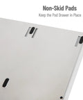Underside of Under Counter Coffee Pod Organizer With Three Drawers, 36 Pod Capacity, showing non-skid pads in silver finish.