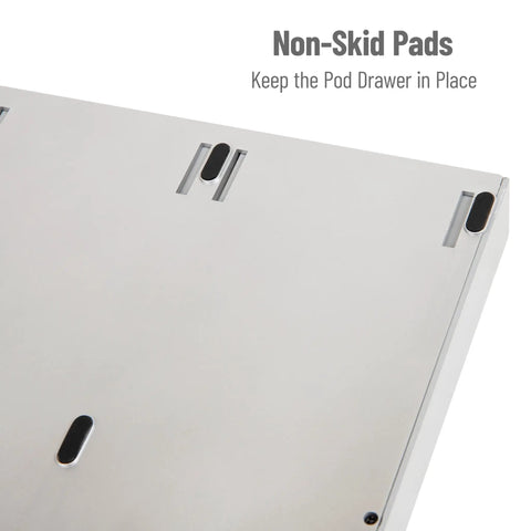 Underside of Under Counter Coffee Pod Organizer With Three Drawers, 36 Pod Capacity, showing non-skid pads in silver finish.