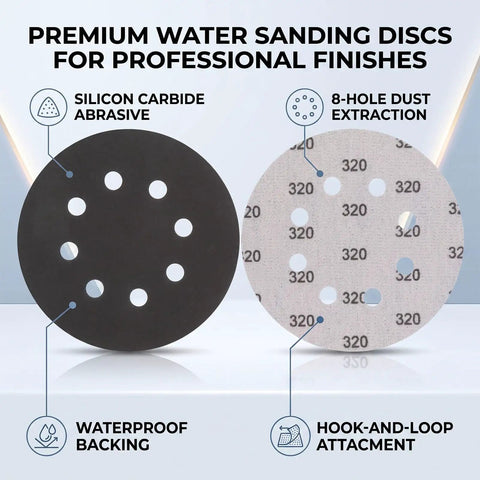 Get A-Grade Silicon Carbide Hook And Loop Sanding Discs With 8 Holes For Fast Wood And Metal Grinding, Includes 200 Pieces Of Durable 5-Inch Pads. Image shows two 5-inch sanding discs with 8 holes and waterproof backing.