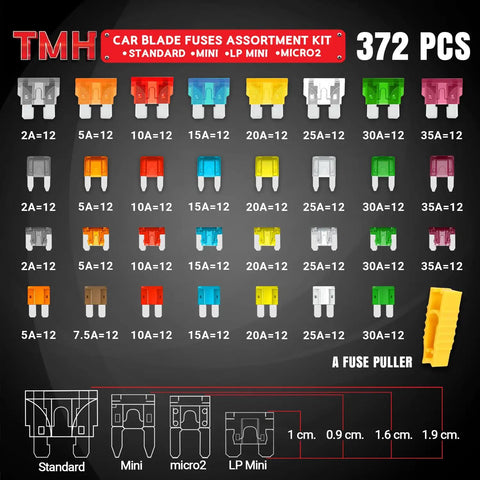 Rig Ready 372 Piece Car Fuse Assortment Kit Standard Mini Micro2 Blade Fuses With Slick Puller For Trucks Trailers And Boats 2A To 35A showing colorful fuse types.