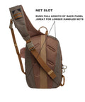 Fly Fishing Sling Pack With Quick Access Chest Design For River Runs, detailed view of net slot feature on brown pack