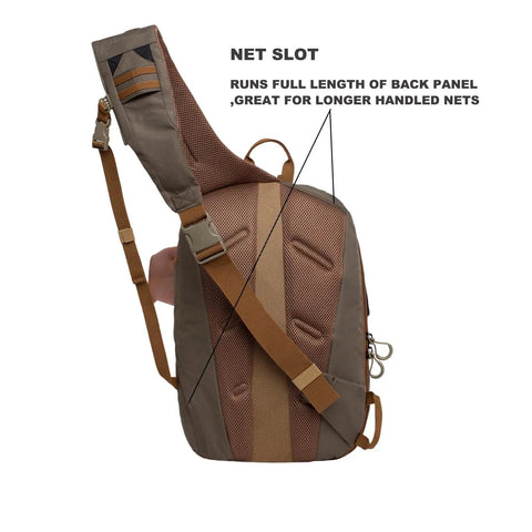 Fly Fishing Sling Pack With Quick Access Chest Design For River Runs, detailed view of net slot feature on brown pack