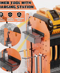 Close-up of Tough As Nails Power Tool Organizer Wall Mount with charging station, showing 3-layer racks and tool hooks.