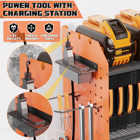 Close-up of Tough As Nails Power Tool Organizer Wall Mount with charging station, showing 3-layer racks and tool hooks.