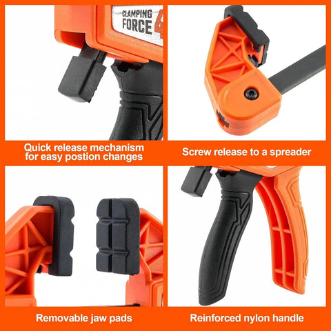 4 Pack 4 Inch Mini Bar Clamps for Woodworking, Tough 40 Lb Clamp Force, Compact 7.8 Inch Opening and 1.4 Inch Throat, Easy Grip Mini F Clamps for Fine Woodworking Projects and Crafting, orange nylon handle