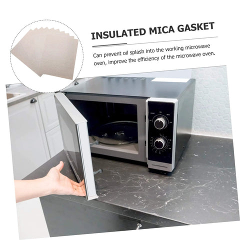 Easy Cut Mica Sheets For Microwave Oven Insulation, Heat Resistant Plate Sheets shown beside an open microwave on a counter.