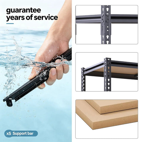 Close-up of Beefy Heavy Duty Garage Shelving Rack support bar with water, showing metal frame and adjustable shelves details
