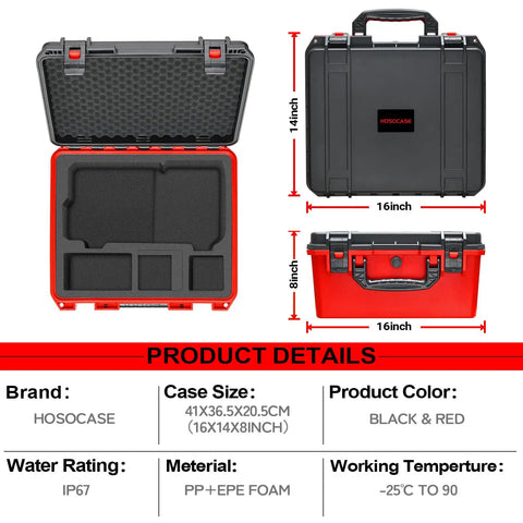 Waterproof Hard Case For M18 Cordless Tire Inflator 2848-20 open view with foam inserts, dimensions 16x14x8 inches, black and red.