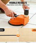 Using Heavy Duty Floor Gap Fixer Tool For DIYers Plank Grabber With Suction Cup Flooring Tool on tile floor with results shown