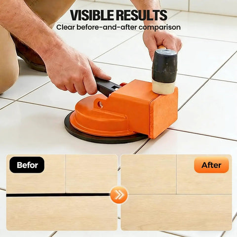 Using Heavy Duty Floor Gap Fixer Tool For DIYers Plank Grabber With Suction Cup Flooring Tool on tile floor with results shown