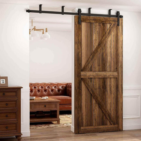 8Ft Ceiling Mount Sliding Barn Door Hardware Kit For 48 Inch Wide Single Wood Door, Low Ceiling L Shape Bracket System installed