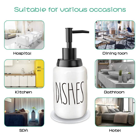 Farmhouse Ceramic Soap Dispenser With White Glaze, Bold Black Pump And Lettering, 14oz, Suitable For Kitchen And Bathroom Decor