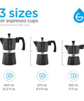 Bold Black Nine Cup Stovetop Espresso Maker Moka Pot sizes comparison of 9, 6, and 5 inches for manual coffee brewing.