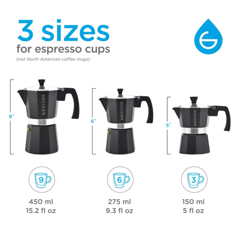 Bold Black Nine Cup Stovetop Espresso Maker Moka Pot sizes comparison of 9, 6, and 5 inches for manual coffee brewing.