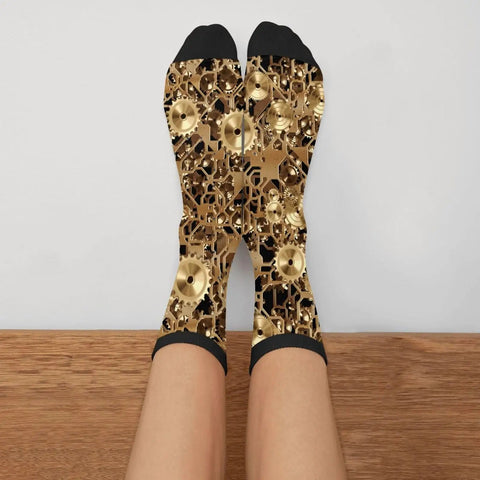 Clockwork Gearhead Engineer Crew Socks for Men and Women with brass cogs design, shown on feet, cotton blend, 2-pack
