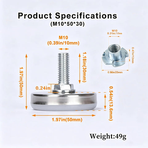 Heavy Duty Adjustable Furniture Levelers With Anti Wobble Feet For Tables Chairs Cabinets Sofas Four Pack M10 50 30 specs