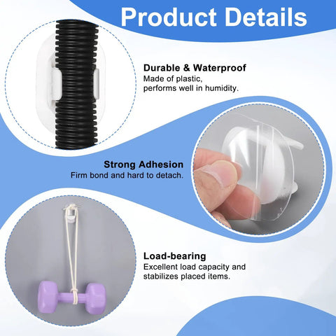 Close-up of self adhesive washing machine drain hose holder clip bracket for 22 to 28 mm OD hoses showing features.