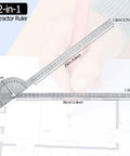 Stainless Steel 2 In 1 Ruler And Protractor For Woodworking Angles And Lengths Measuring Tool shown on blueprint