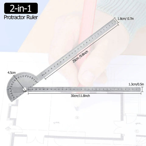 Stainless Steel 2 In 1 Ruler And Protractor For Woodworking Angles And Lengths Measuring Tool shown on blueprint