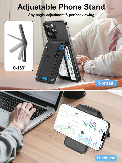 Must Have MagSafe Wallet For iPhone With Find My, adjustable stand showing portrait and landscape modes, black design